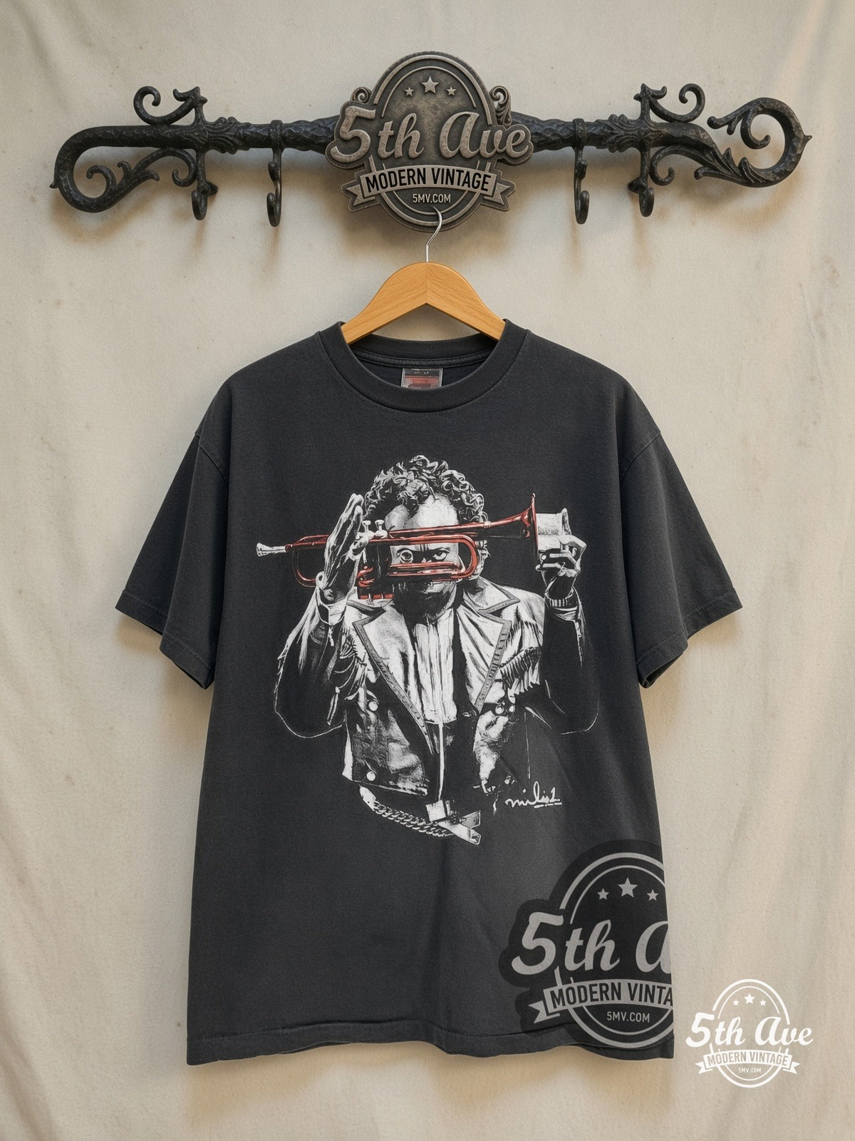 Miles Davis – Look Through – Vintage Band T-Shirt front on locked cream ornate 5th Ave rack