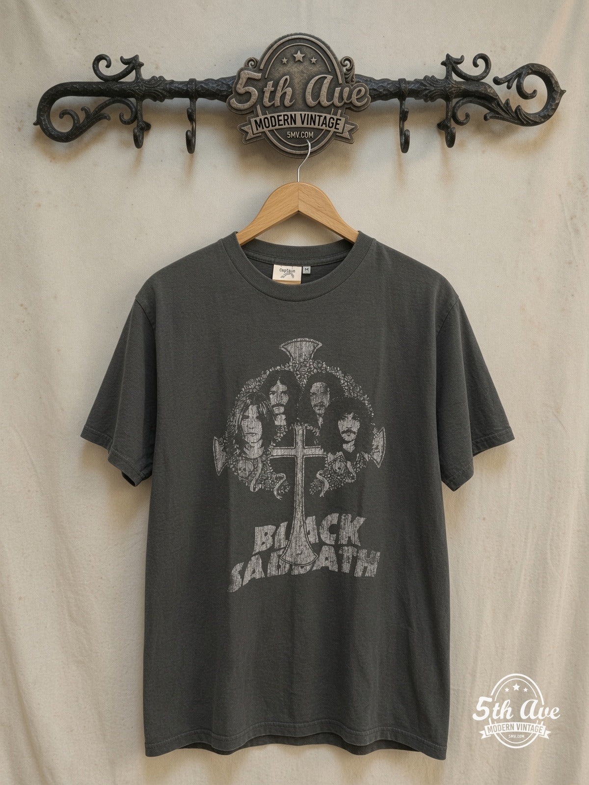 Black Sabbath Captain Boot single stitch T-Shirt – Vintage Band T-Shirt — front on locked cream ornate 5th Ave rack