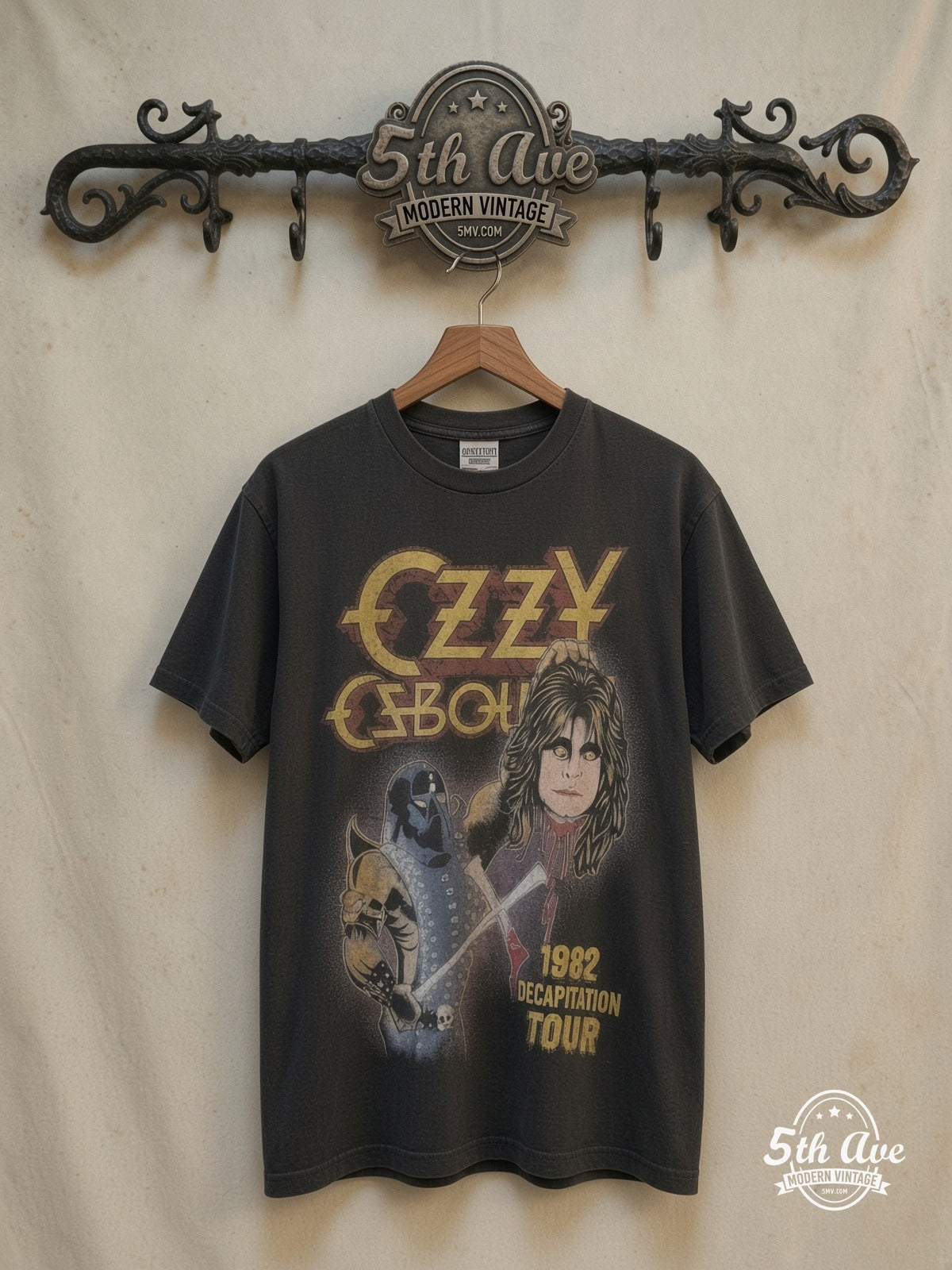 Ozzy Osbourne – 1982 Decapitation Tour – Vintage Band T-Shirt — front on locked cream ornate 5th Ave rack