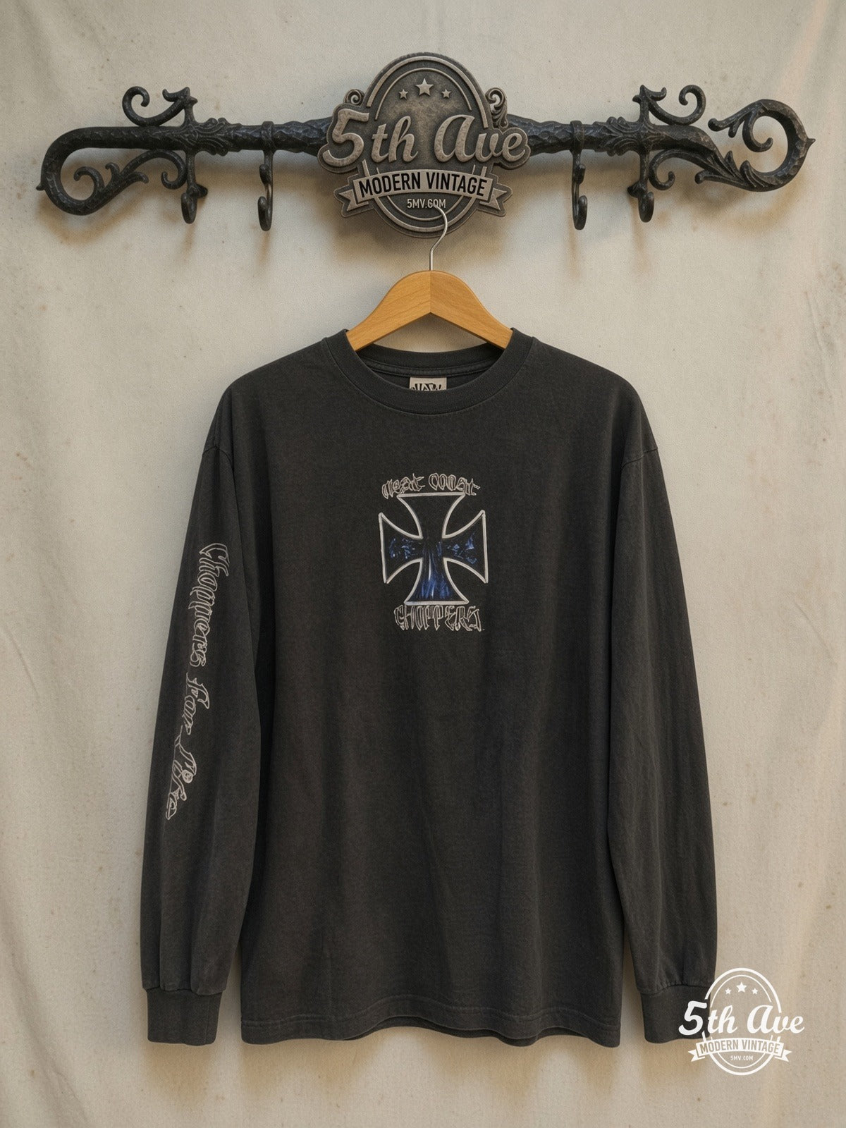 West Coast Choppers Blue Flame Cross Chopper Back long sleeve t-shirt, front view on a display rack