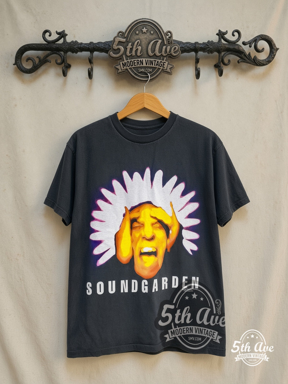Soundgarden – Black Hole Sun – Vintage Band T-Shirt — front on locked cream ornate 5th Ave rack