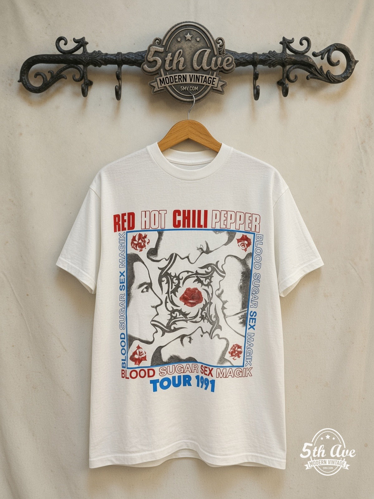 Red Hot Chili Peppers – Blood Sugar Sex Magik Tour 1991 – Vintage Band T-Shirt — front on locked cream ornate 5th Ave rack