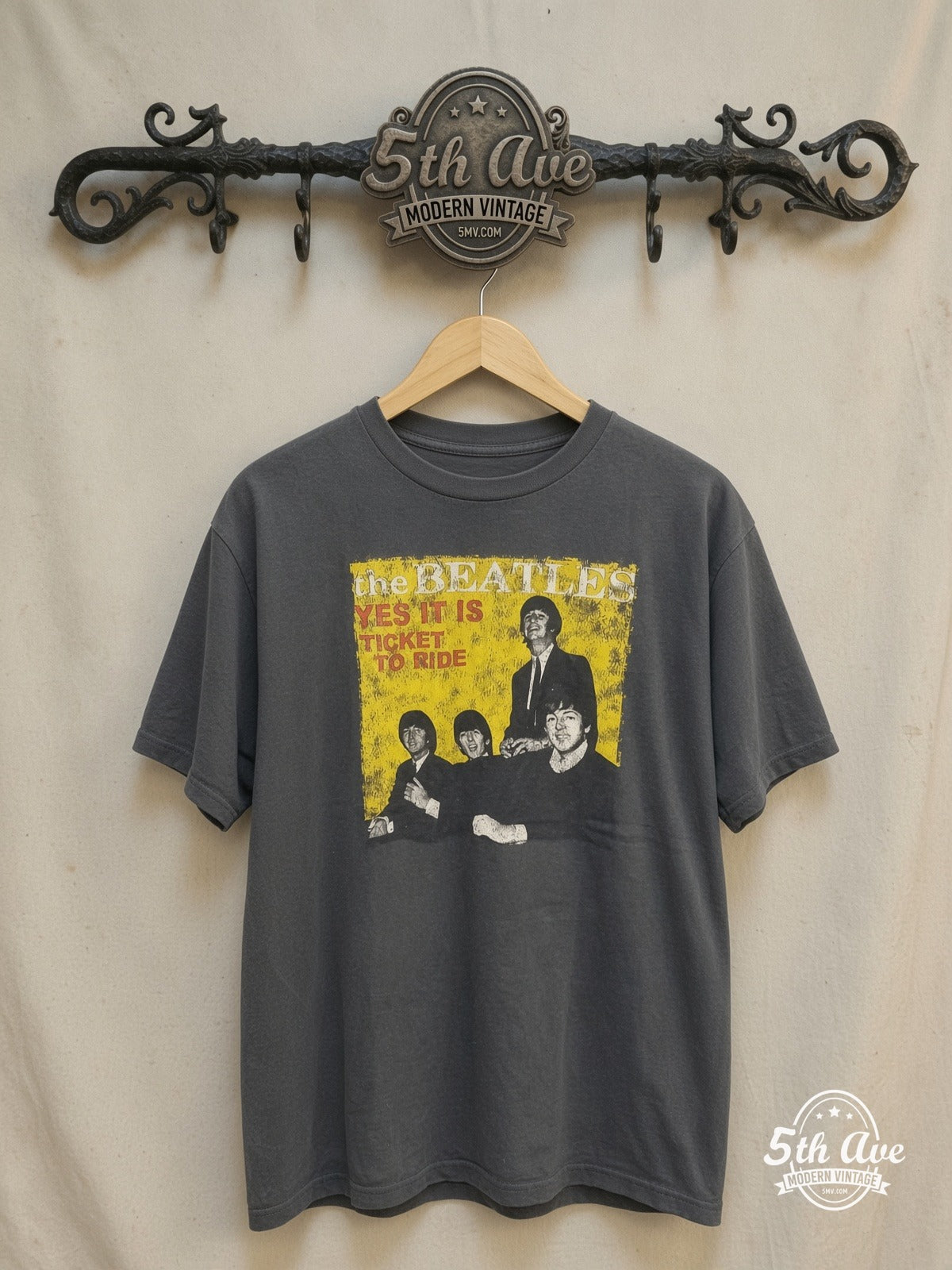 The Beatles – TICKET TO RIDE – Vintage Band T-Shirt — front on locked cream ornate 5th Ave rack
