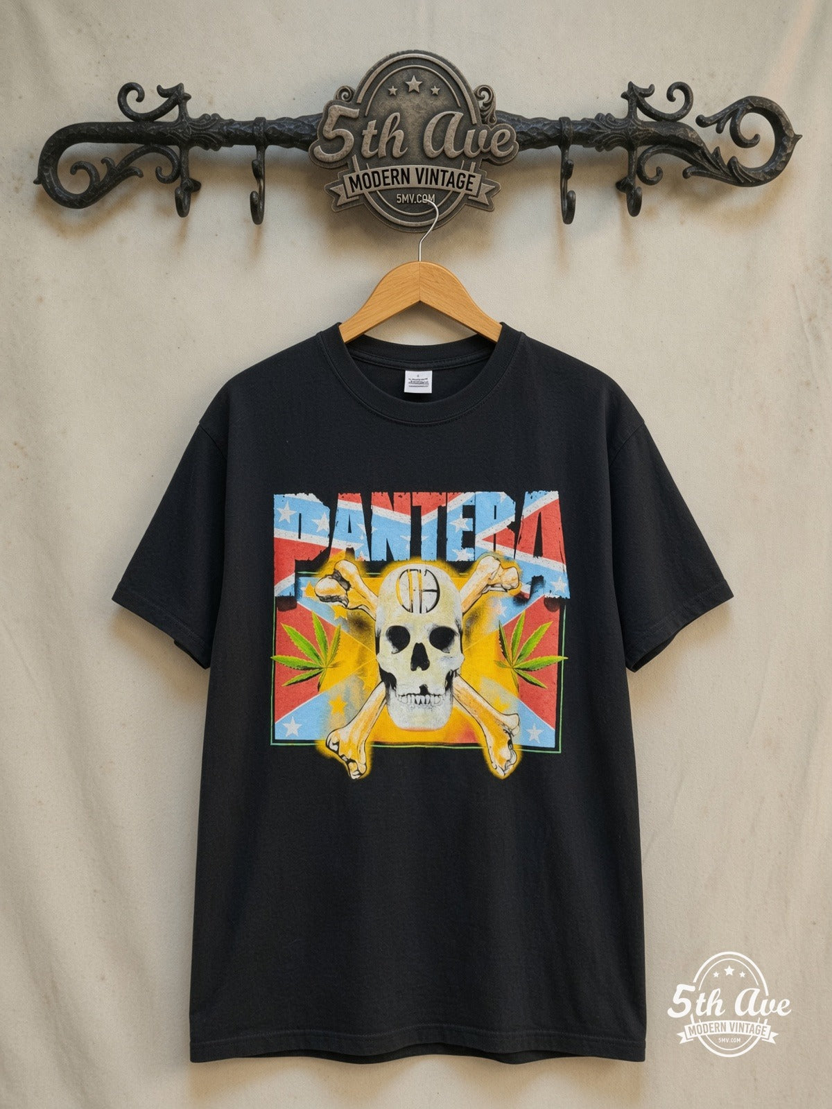 Pantera – The Real Steel Tour 2001 – Vintage Band T-Shirt — front on locked cream ornate 5th Ave rack