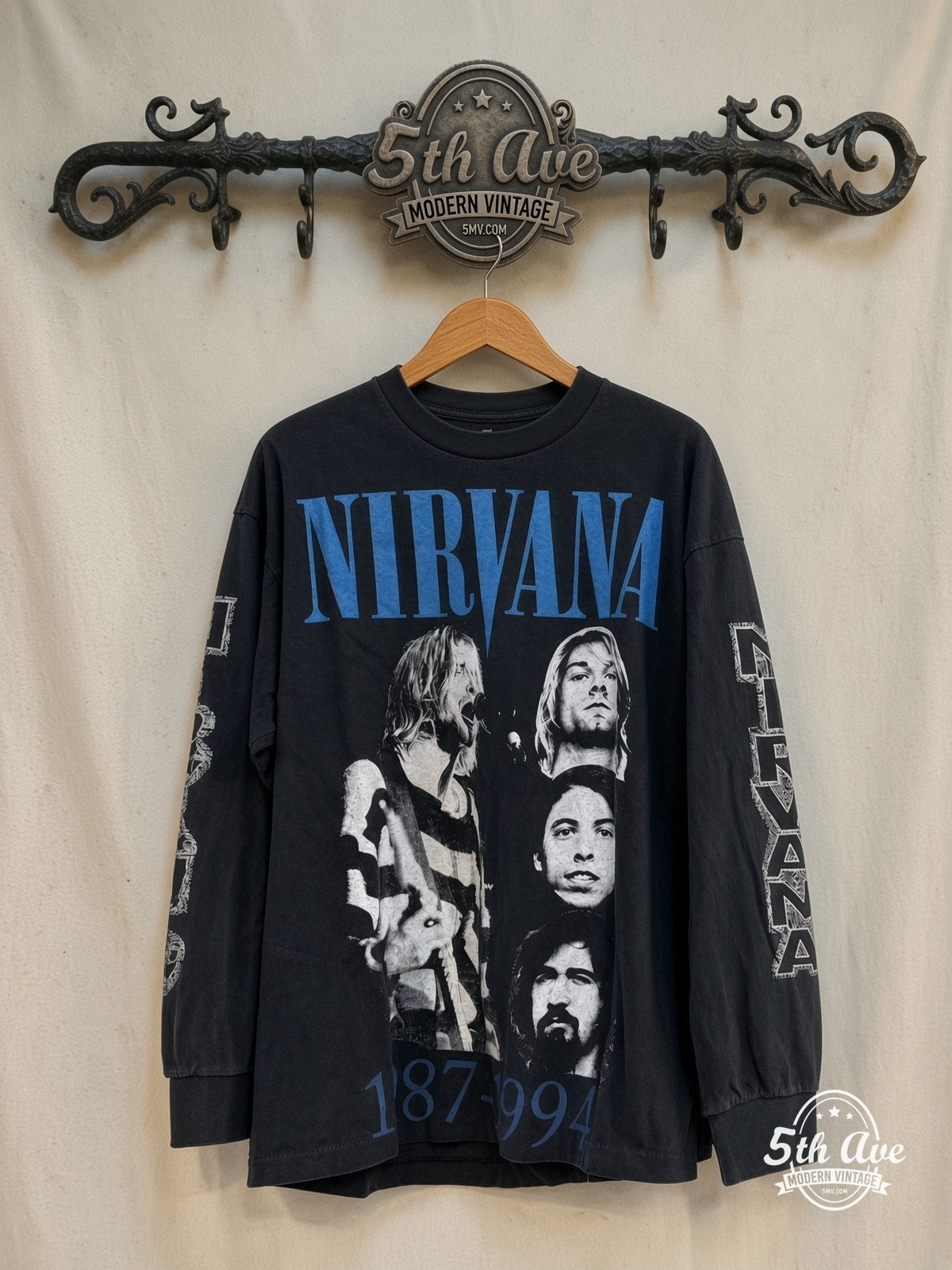 Nirvana – 1987-1994 Band Portraits Long Sleeve – Vintage Band T-Shirt — front on locked cream ornate 5th Ave rack