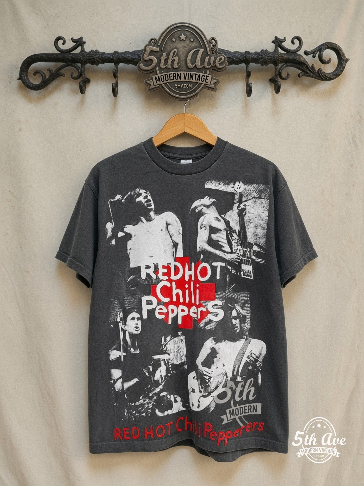Red Hot Chili Peppers – Monochrome AOP – Vintage Band T-Shirt — front on locked cream ornate 5th Ave rack