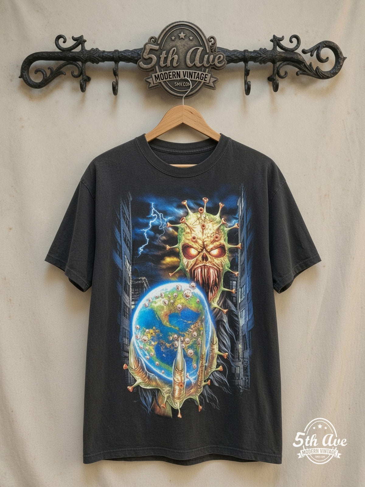 COVID-19 – Cosmic Threat Virus Art – Vintage Graphic Tee — front on locked cream ornate 5th Ave rack