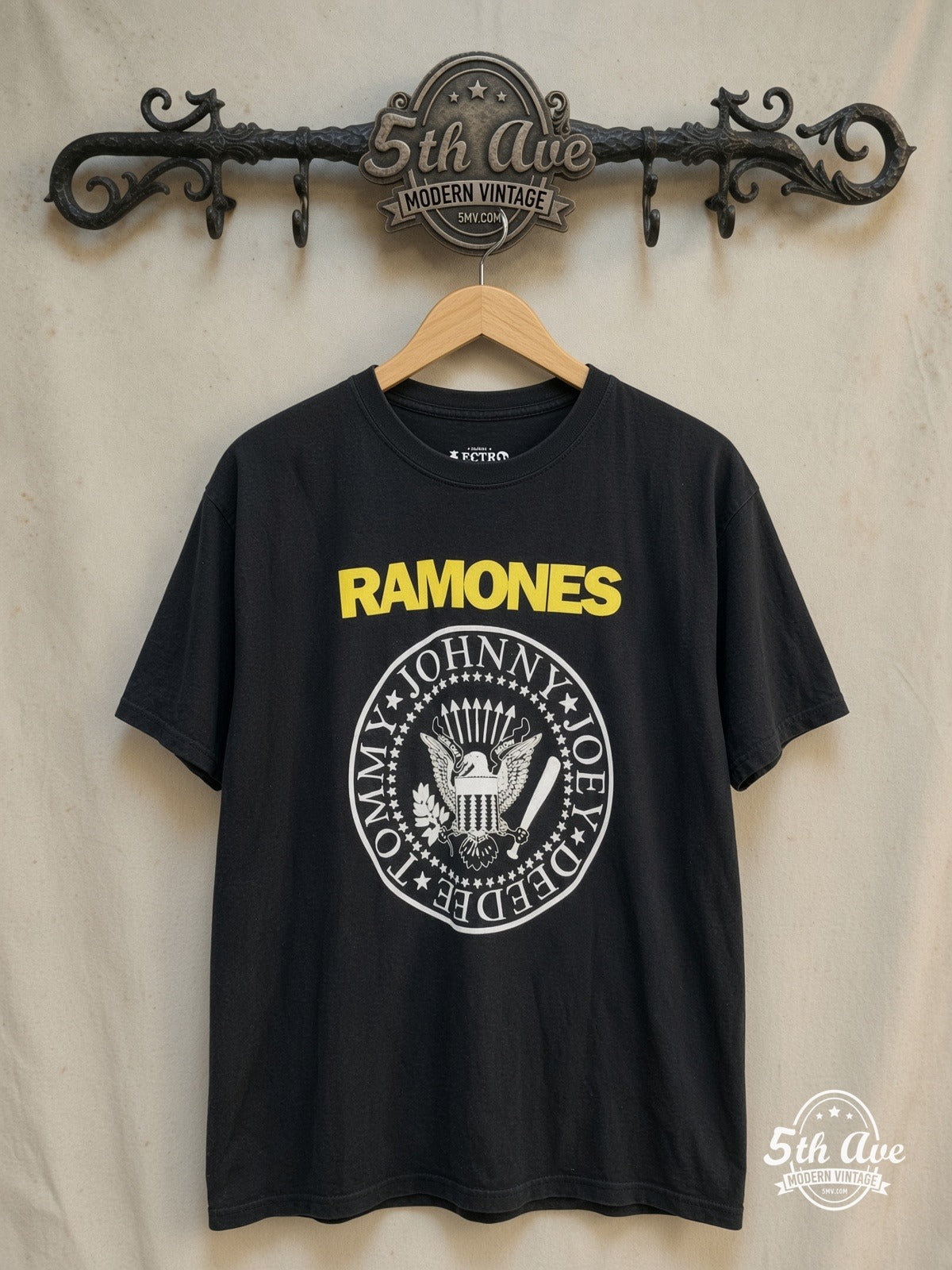 The Ramones – Vintage Band T-Shirt — front on locked cream ornate 5th Ave rack