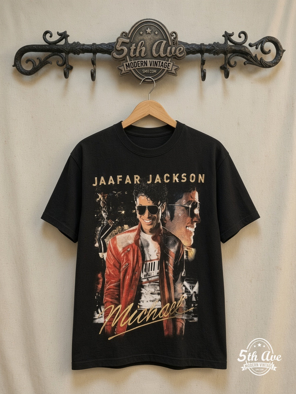 Michael Jackson – Jaafar Jackson Red Jacket Script – Vintage Band T-Shirt — front on locked cream ornate 5th Ave rack