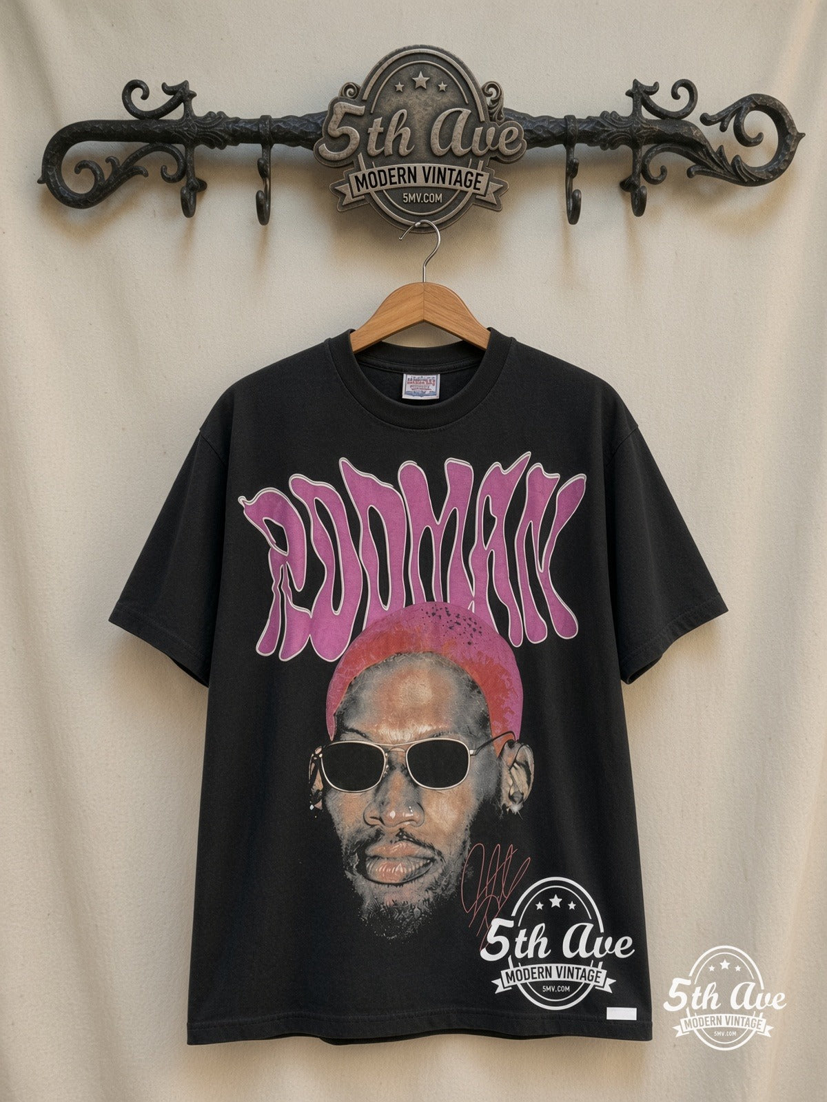 Dennis Rodman – Pink Hair / The Worm 91 – Vintage Band T-Shirt — front on locked cream ornate 5th Ave rack