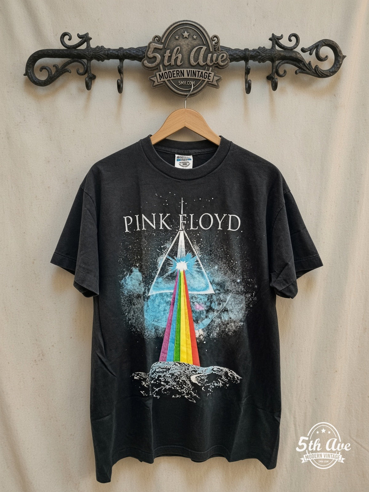 Pink Floyd – Blue Prism Spectrum Lunar Surface – Vintage Band T-Shirt — front on locked cream ornate 5th Ave rack
