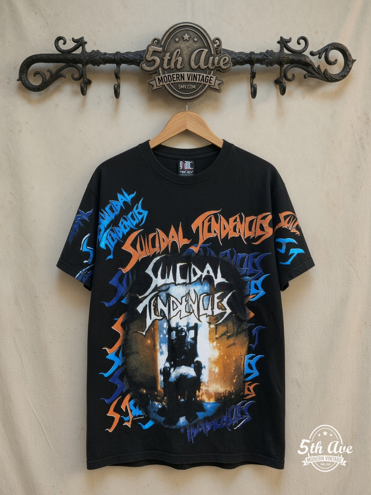 Suicidal Tendencies – Electric Chair Black All Over Print – Vintage Band T-Shirt — front on locked cream ornate 5th Ave rack