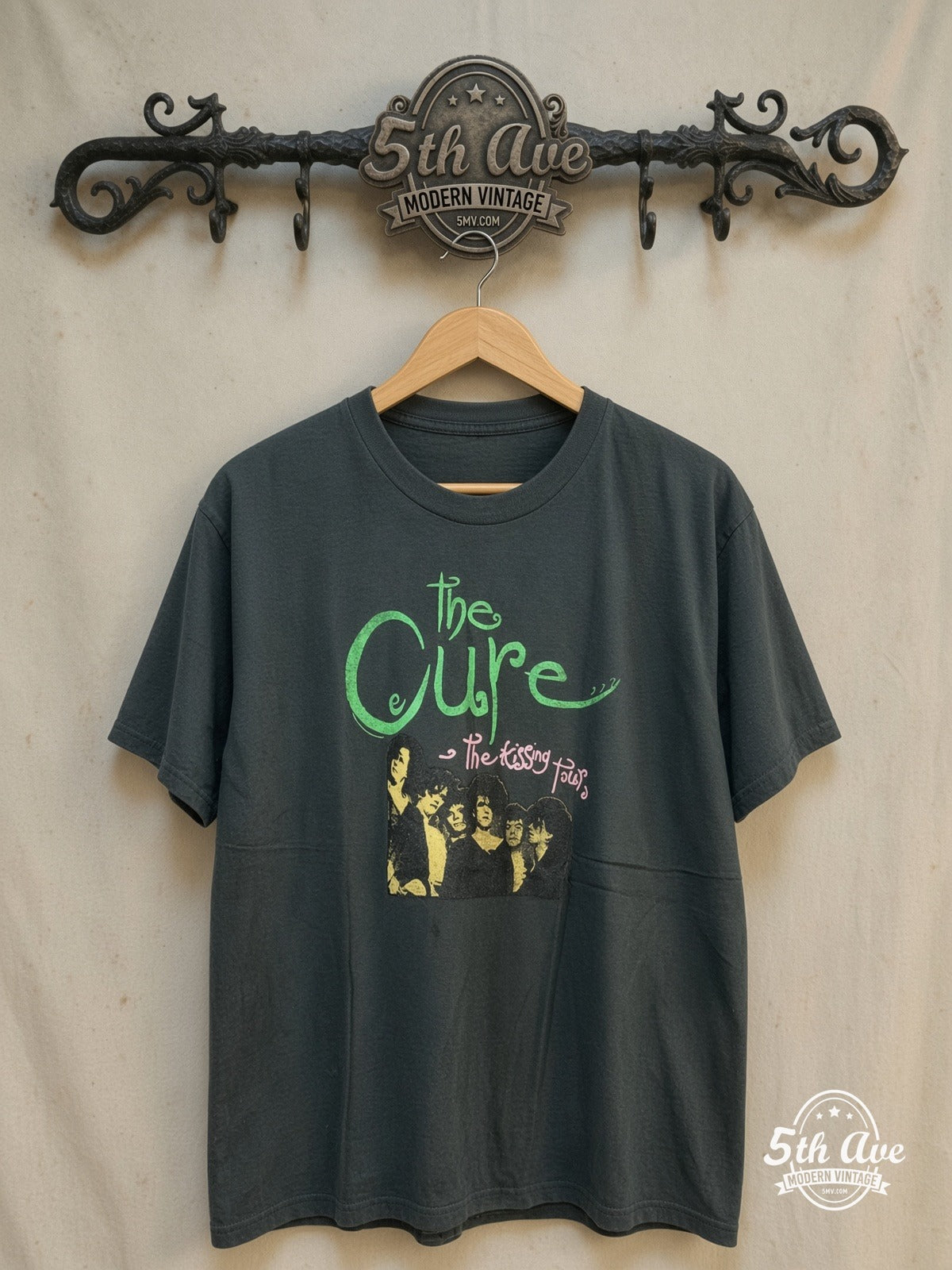 The Cure – The Kissing Tour – Vintage Band T-Shirt — front on locked cream ornate 5th Ave rack