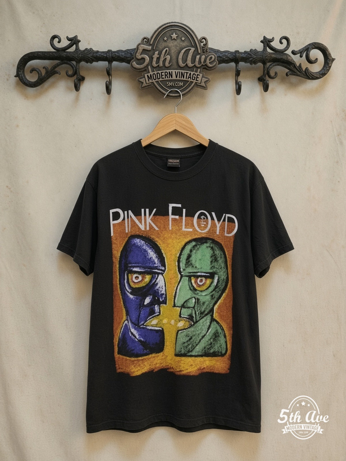 Pink Floyd – The Wall Division Bell Faces Collage – Vintage Band T-Shirt — front on locked cream ornate 5th Ave rack