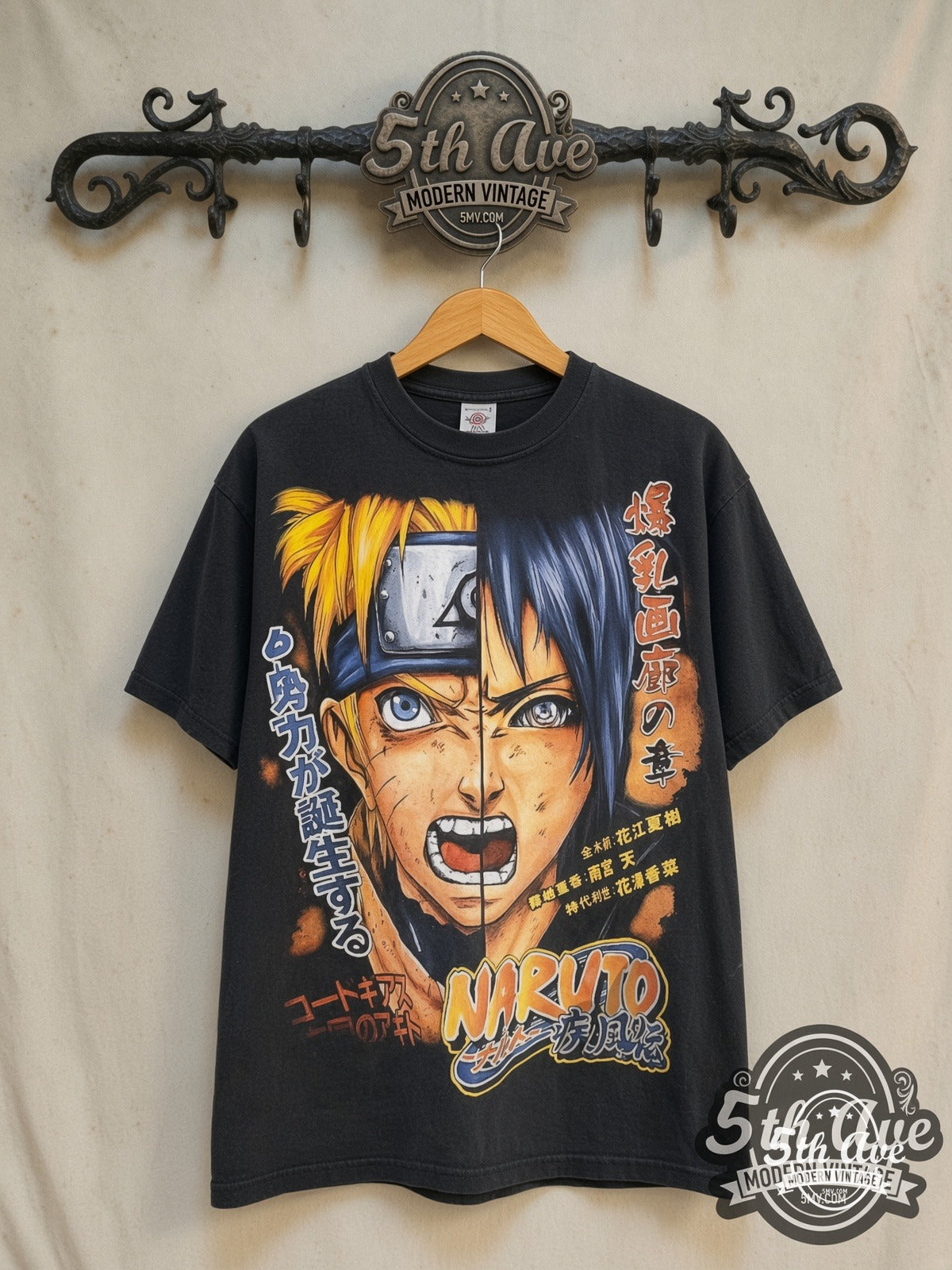 Naruto Shippuden – Naruto and Sasuke Split Face Yell – New Vintage Anime Tee — front on locked cream ornate 5th Ave rack