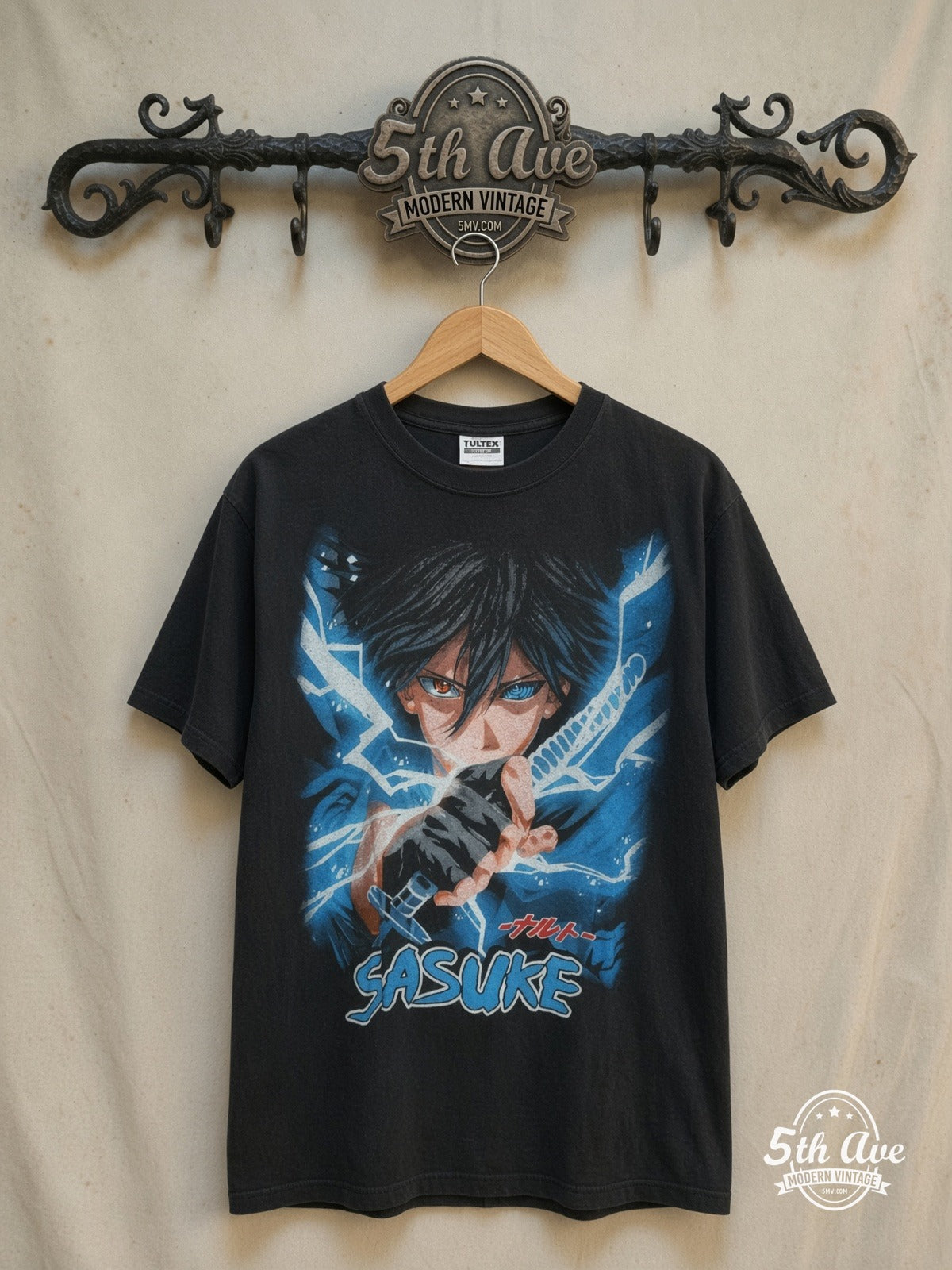 Naruto Shippuden – Sasuke Uchiha – New Vintage Anime Tee — front on locked cream ornate 5th Ave rack
