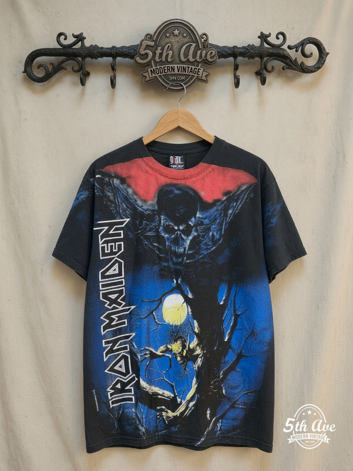 Iron Maiden – Fear of the Dark Eddie Tree Spirit All Over Print – Vintage Band T-Shirt — front on locked cream ornate 5th Ave rack