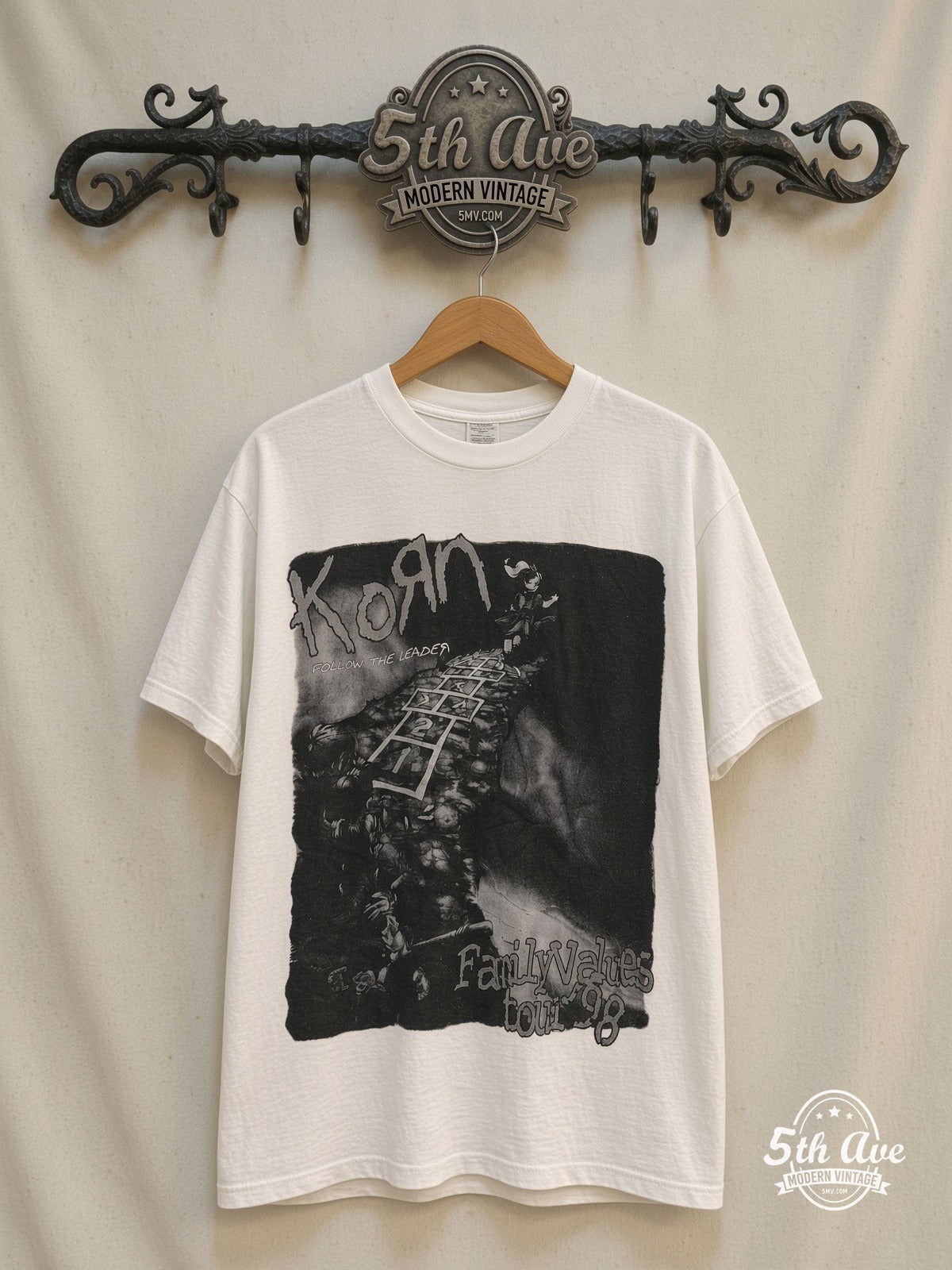 Korn – Follow the Leader Family Values Tour 98 Long Sleeve – Vintage Band T-Shirt — front on locked cream ornate 5th Ave rack