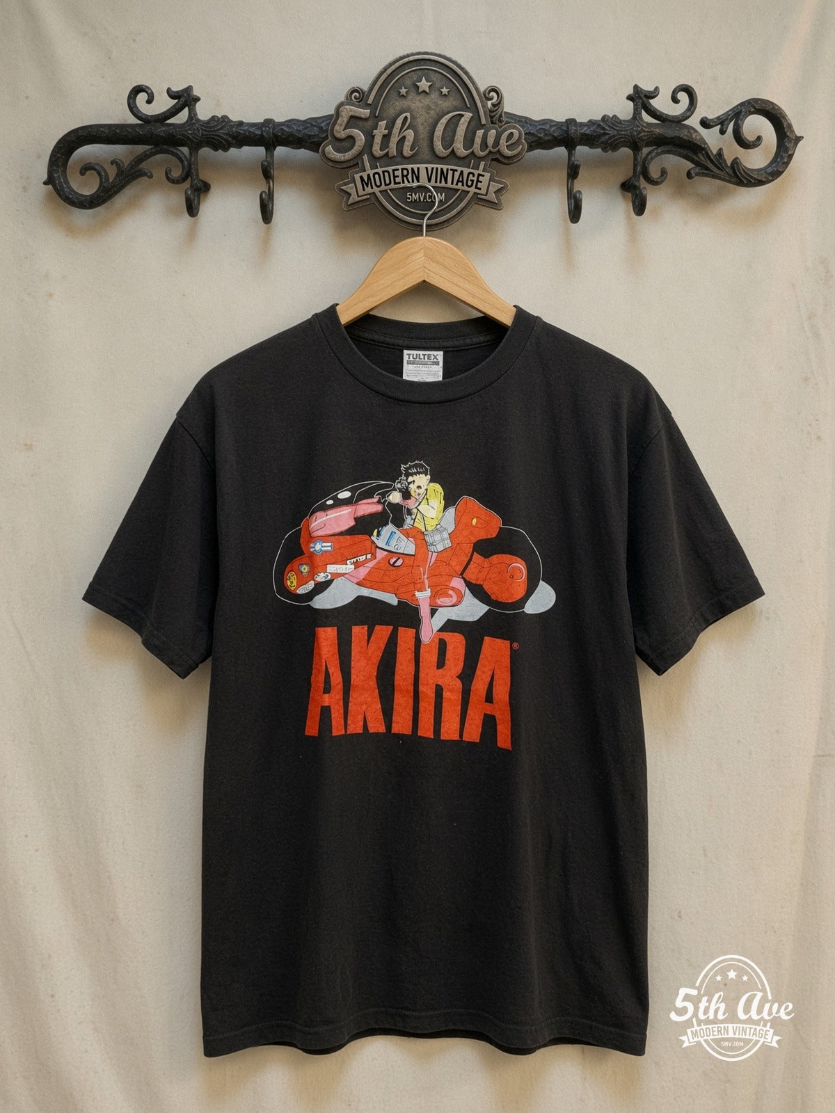 Revolutionary Ride: Akira Motorcycle & Capsule Single Stitched Crew Ne – ck t shirt – New Vintage Anime Tee — front on locked cream ornate 5th Ave rack