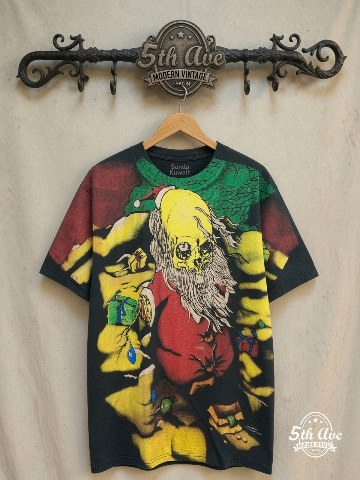 Pushead – Sanda Kuwait – All Over Print – Vintage Graphic Tee — front on locked cream ornate 5th Ave rack