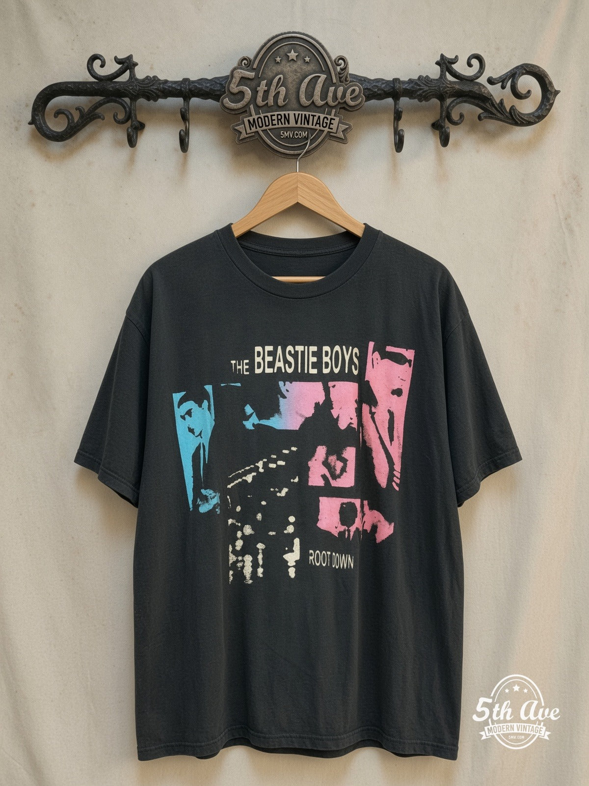 Beastie Boys – Root Down – Vintage Band T-Shirt — front on locked cream ornate 5th Ave rack