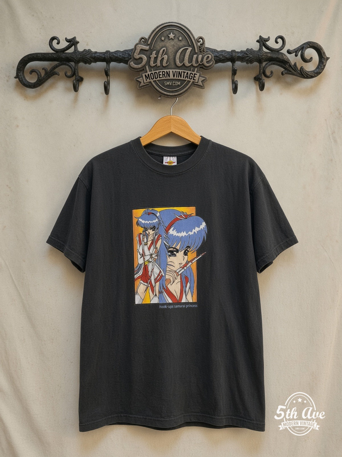 Hook-Ups – Samurai Princess – Vintage Graphic Tee — front on locked cream ornate 5th Ave rack