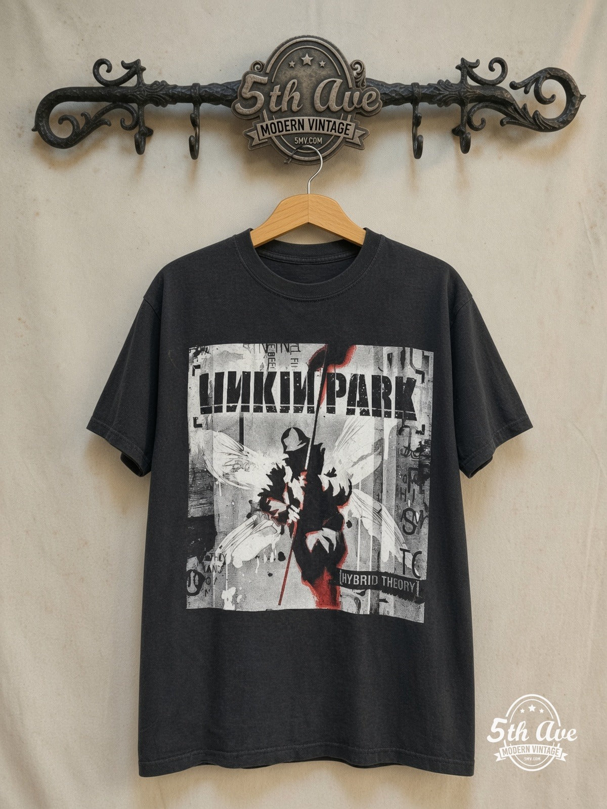 Linkin Park – Hybrid Theory Soldier Red Flag – Vintage Band T-Shirt — front on locked cream ornate 5th Ave rack