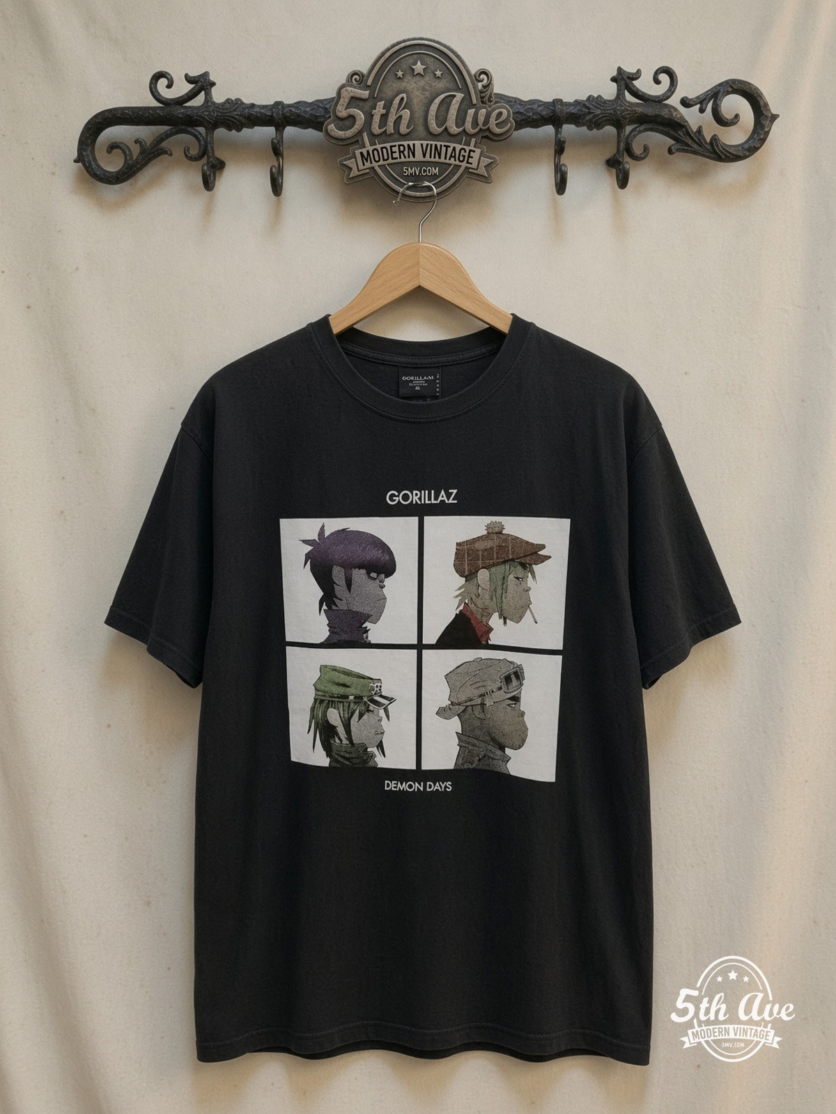 Gorillaz – Demon Days Four Panel Portraits – Vintage Band T-Shirt — front on locked cream ornate 5th Ave rack