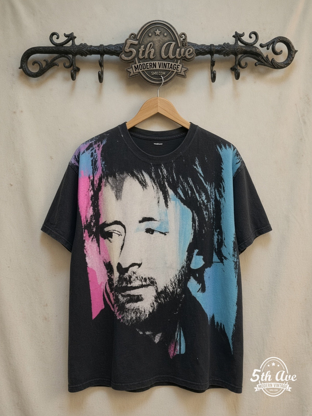 Thom Yorke – All-Over Print Portrait – Vintage Band T-Shirt — front on locked cream ornate 5th Ave rack