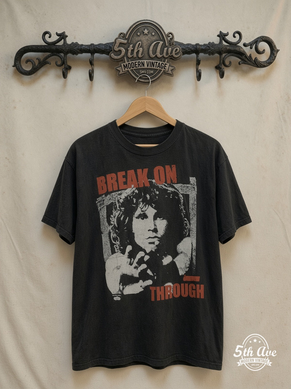 The Doors – Break On Through / Jim Morrison – Vintage Band T-Shirt — front on locked cream ornate 5th Ave rack
