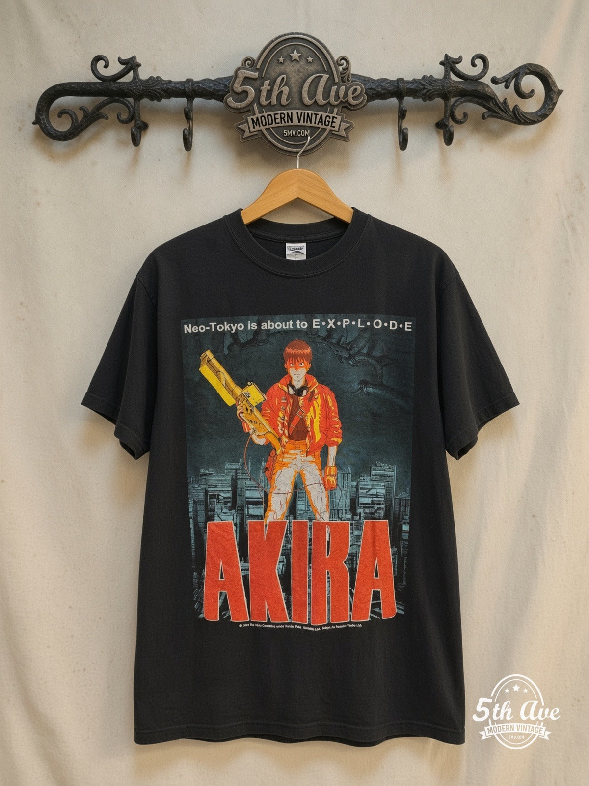 Akira – Neo-Tokyo Is About to Explode – New Vintage Anime Tee — front on locked cream ornate 5th Ave rack