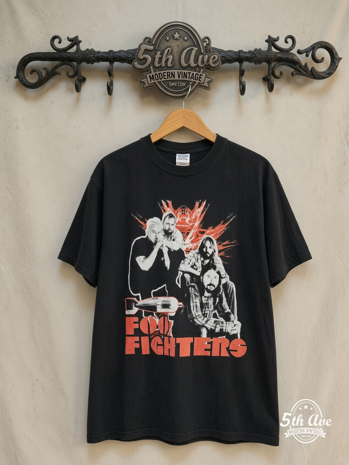 Foo Fighters – Tour 2008 – Vintage Band T-Shirt — front on locked cream ornate 5th Ave rack