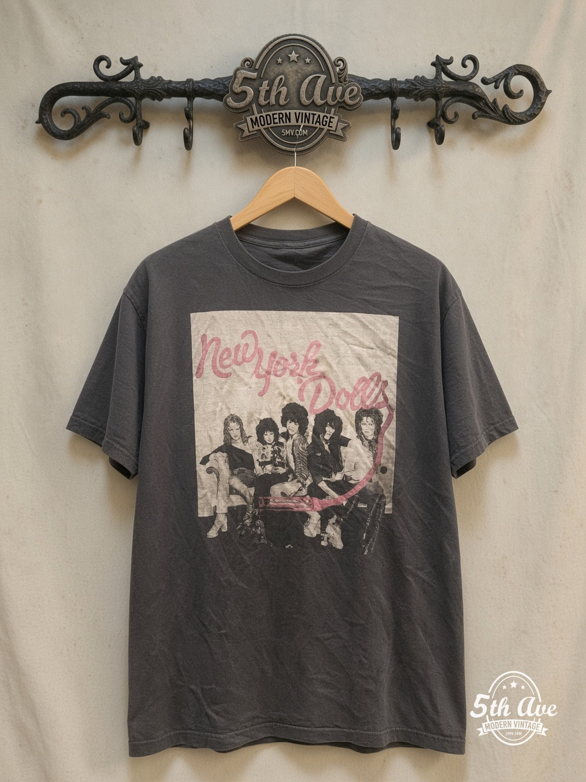 New York Dolls – Vintage Band T-Shirt — front on locked cream ornate 5th Ave rack