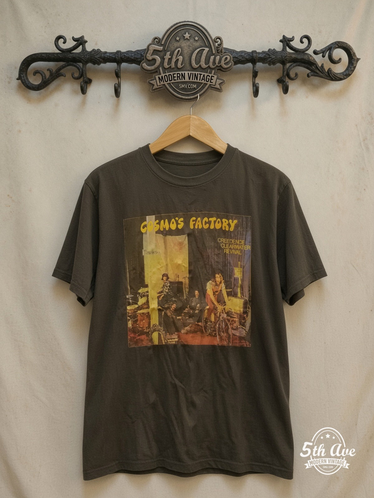 Band T-Shirt - Cosmic Journey Vintage Tribute to Creedence Clearwater  – Revival – Vintage Band T-Shirt — front on locked cream ornate 5th Ave rack