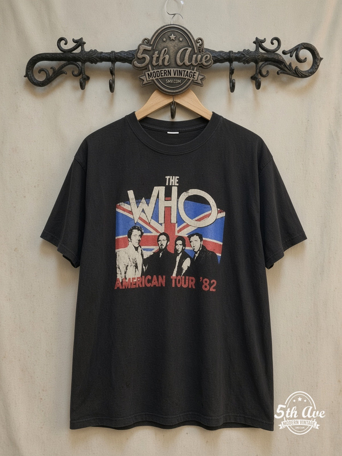 The Who – American Tour 1982 – Vintage Band T-Shirt — front on locked cream ornate 5th Ave rack