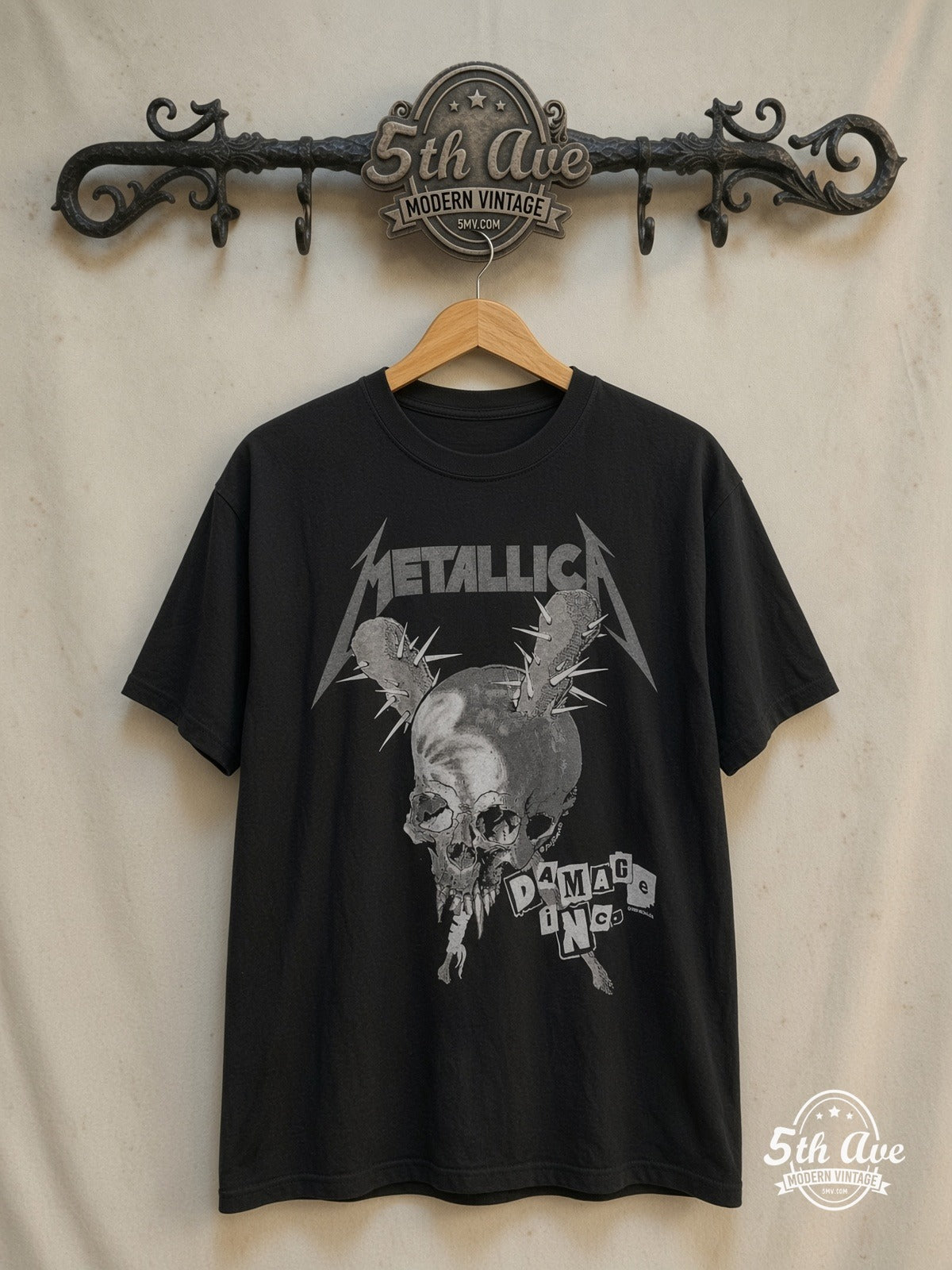 Metallica – Damage Inc. Red Crown Pushead Skull – Vintage Band T-Shirt — front on locked cream ornate 5th Ave rack