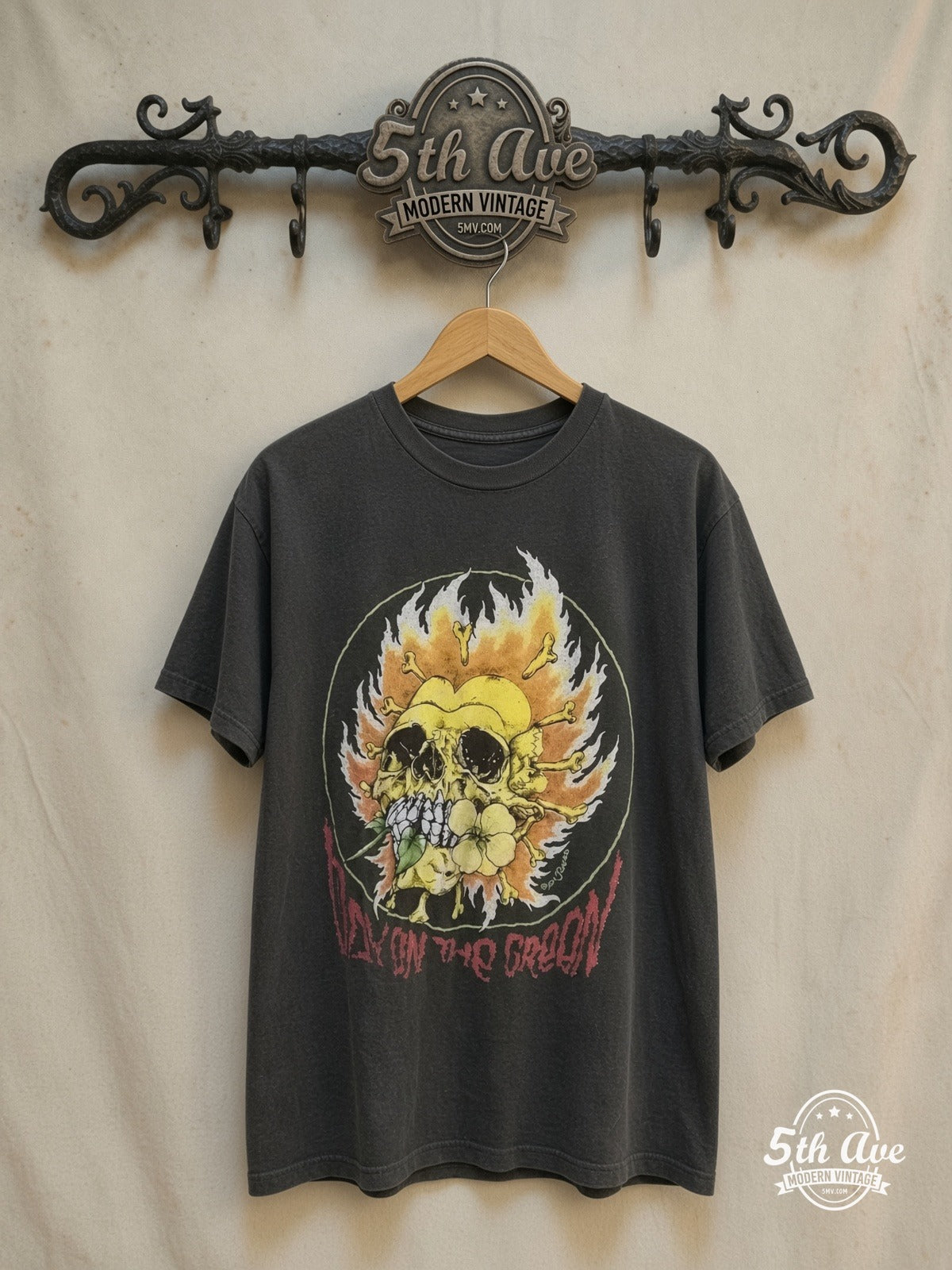 Metallica – Metallica and Friends 1991 – Vintage Band T-Shirt — front on locked cream ornate 5th Ave rack