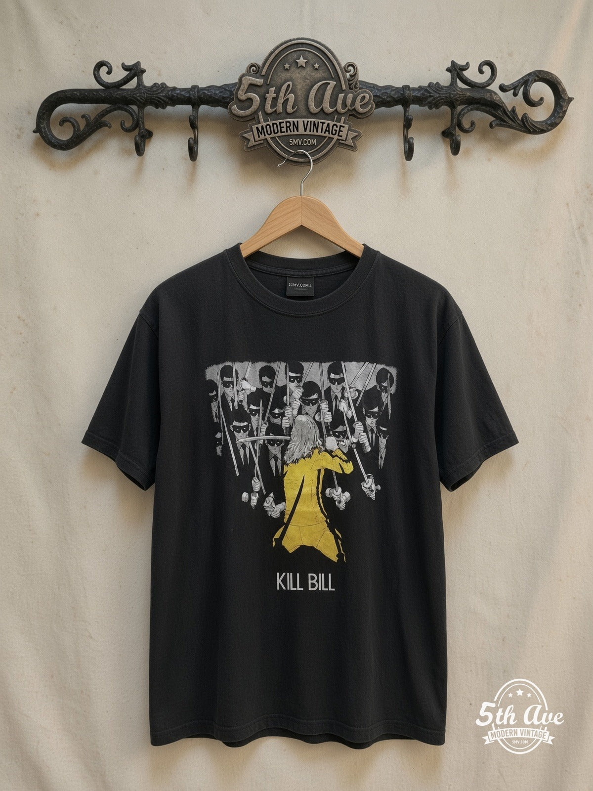 Kill Bill – Movie Poster – Vintage Movie Tee — front on locked cream ornate 5th Ave rack