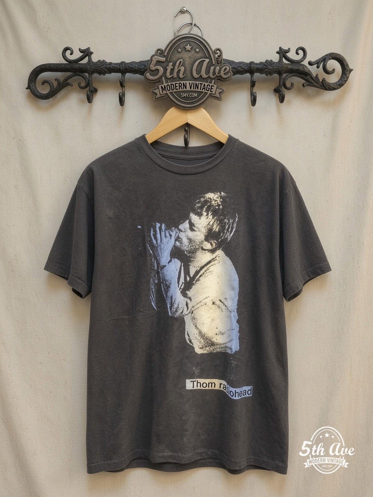 Radiohead – THOM YORKE – Vintage Band T-Shirt — front on locked cream ornate 5th Ave rack