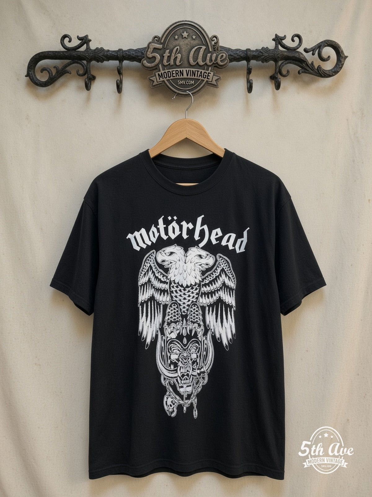 Motörhead – Two-Headed Eagle Snaggletooth – Vintage Band T-Shirt — front on locked cream ornate 5th Ave rack