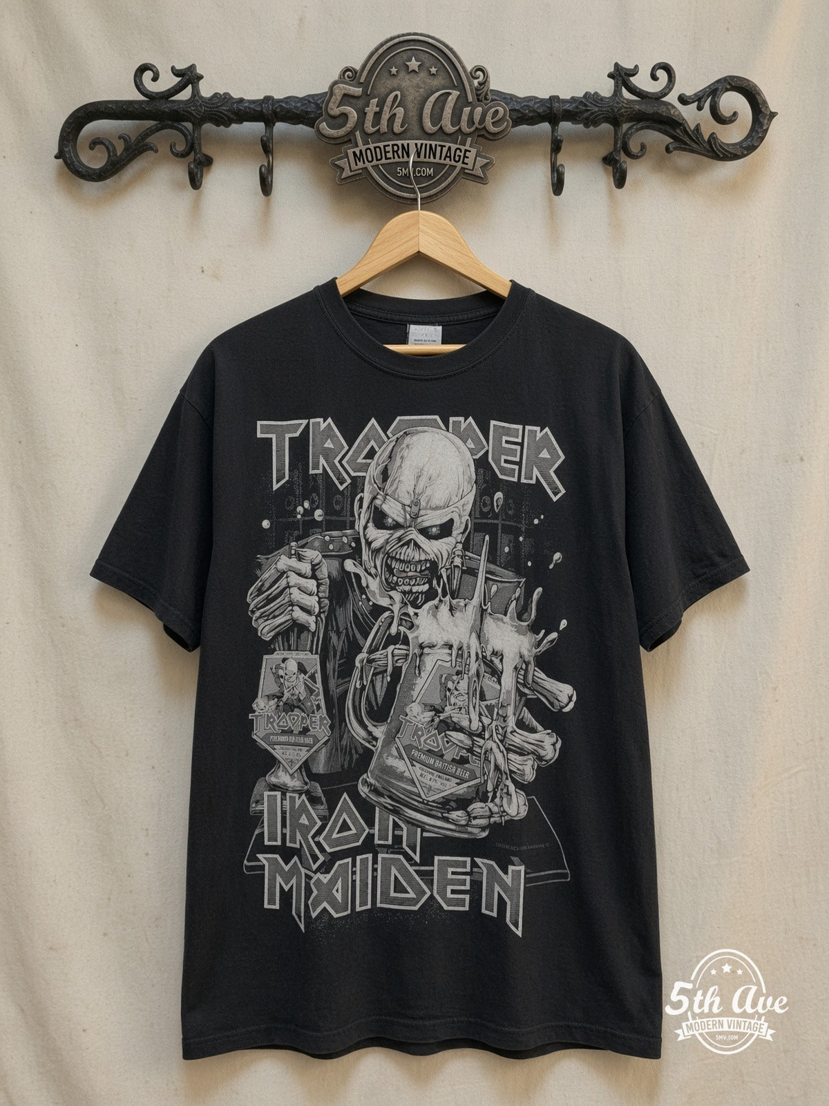 Iron Maiden – Eddie Trooper Premium Beer Mug – Vintage Band T-Shirt — front on locked cream ornate 5th Ave rack