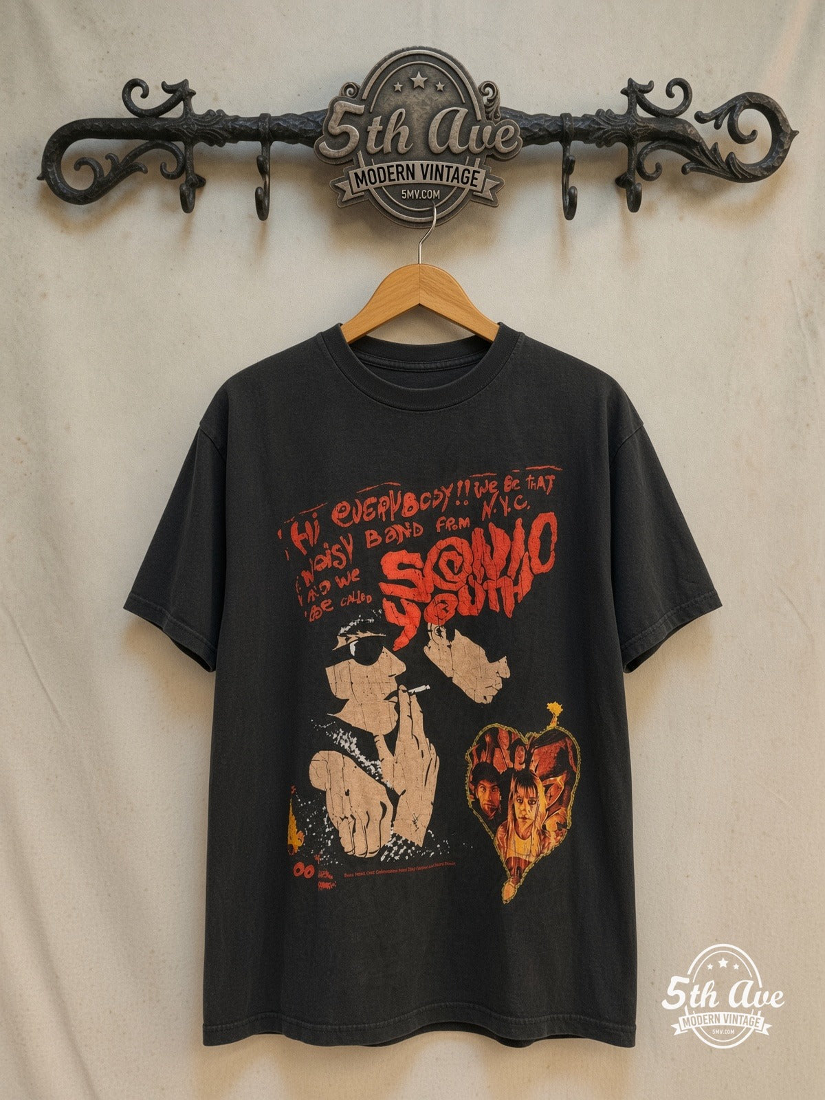 Sonic Youth – Hi Everybody / Noisy Band from N.Y.C. – Vintage Band T-Shirt — front on locked cream ornate 5th Ave rack
