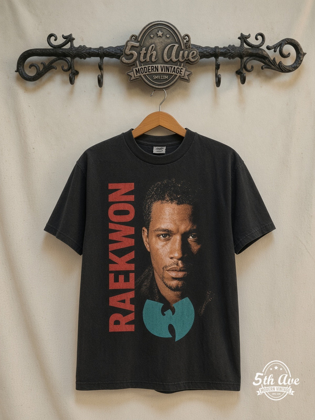 Raekwon – Only Built 4 Cuban Linx – Wu-Tang Vintage Band T-Shirt — front on locked cream ornate 5th Ave rack