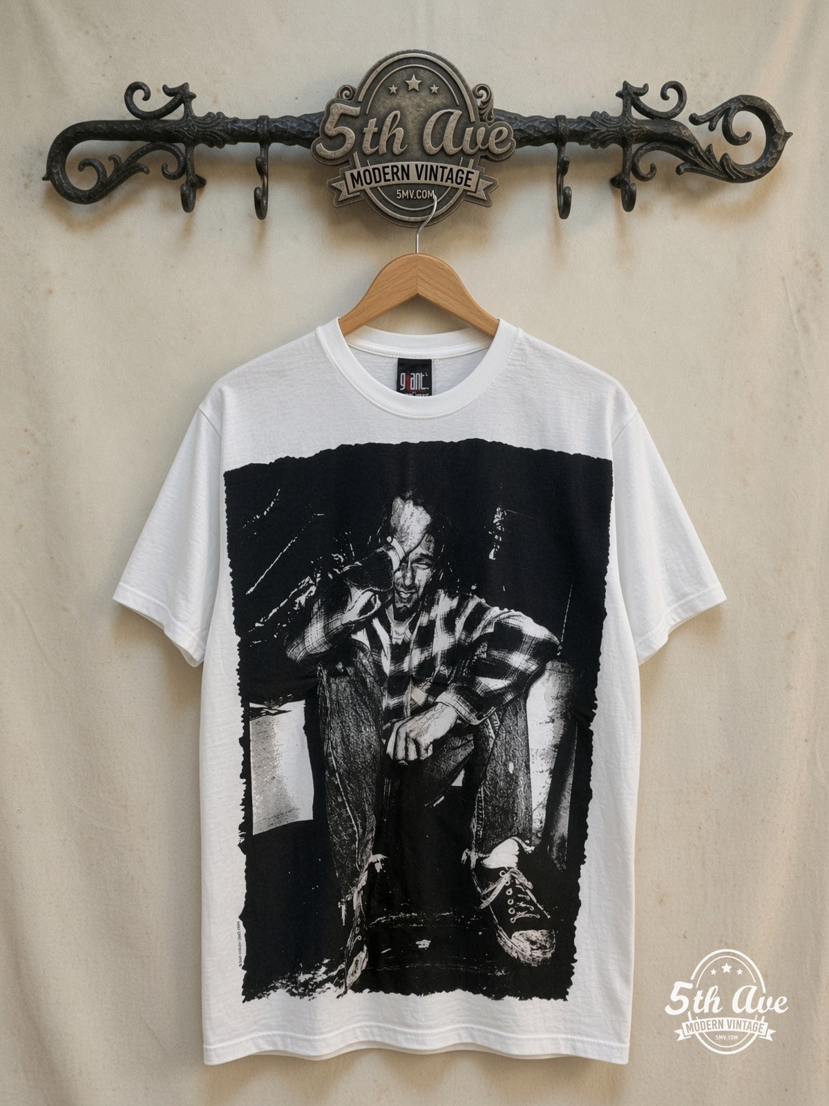 Nirvana – Kurt Cobain Tribute – All Over Print – Vintage Band T-Shirt — front on locked cream ornate 5th Ave rack