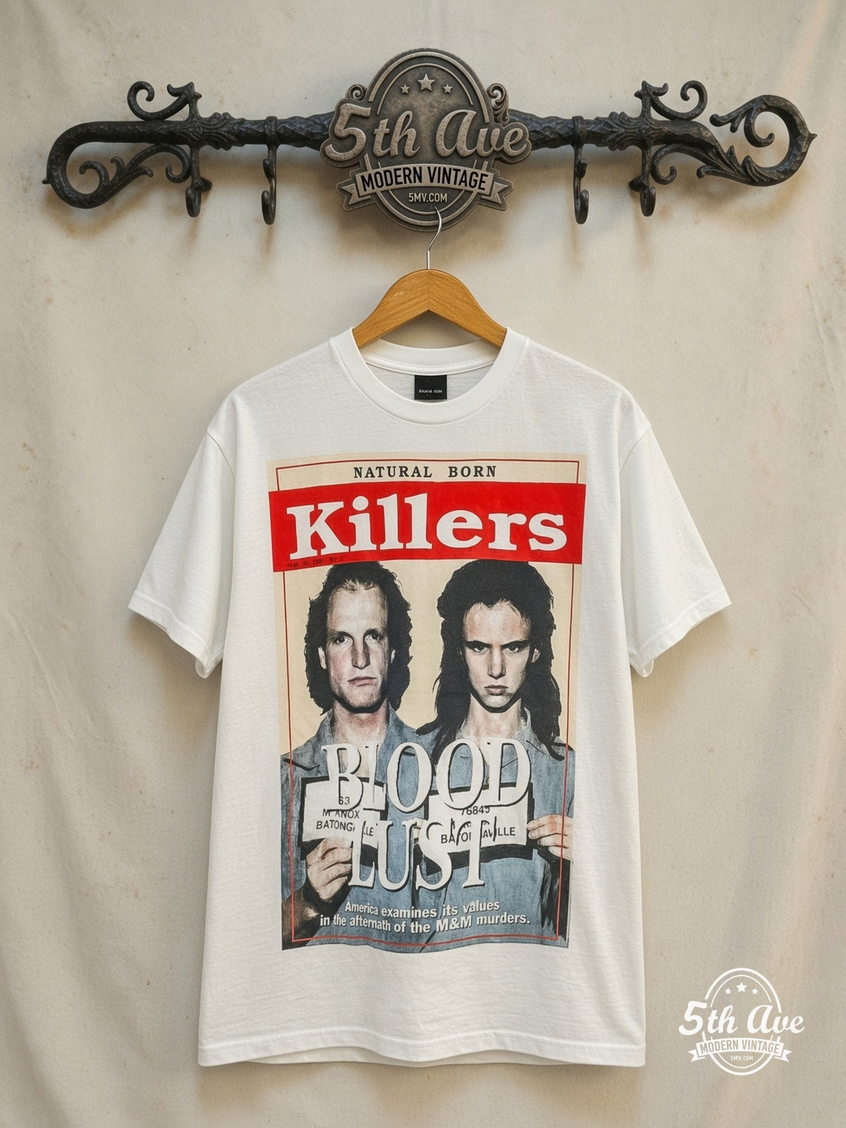 Natural Born Killers – Blood Lust Soundtrack – Vintage Movie Tee — front on locked cream ornate 5th Ave rack