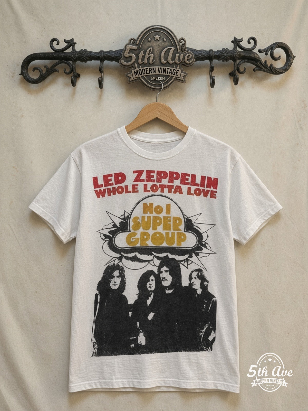 Led Zeppelin – Whole Lotta Love' White – Vintage Band T-Shirt — front on locked cream ornate 5th Ave rack