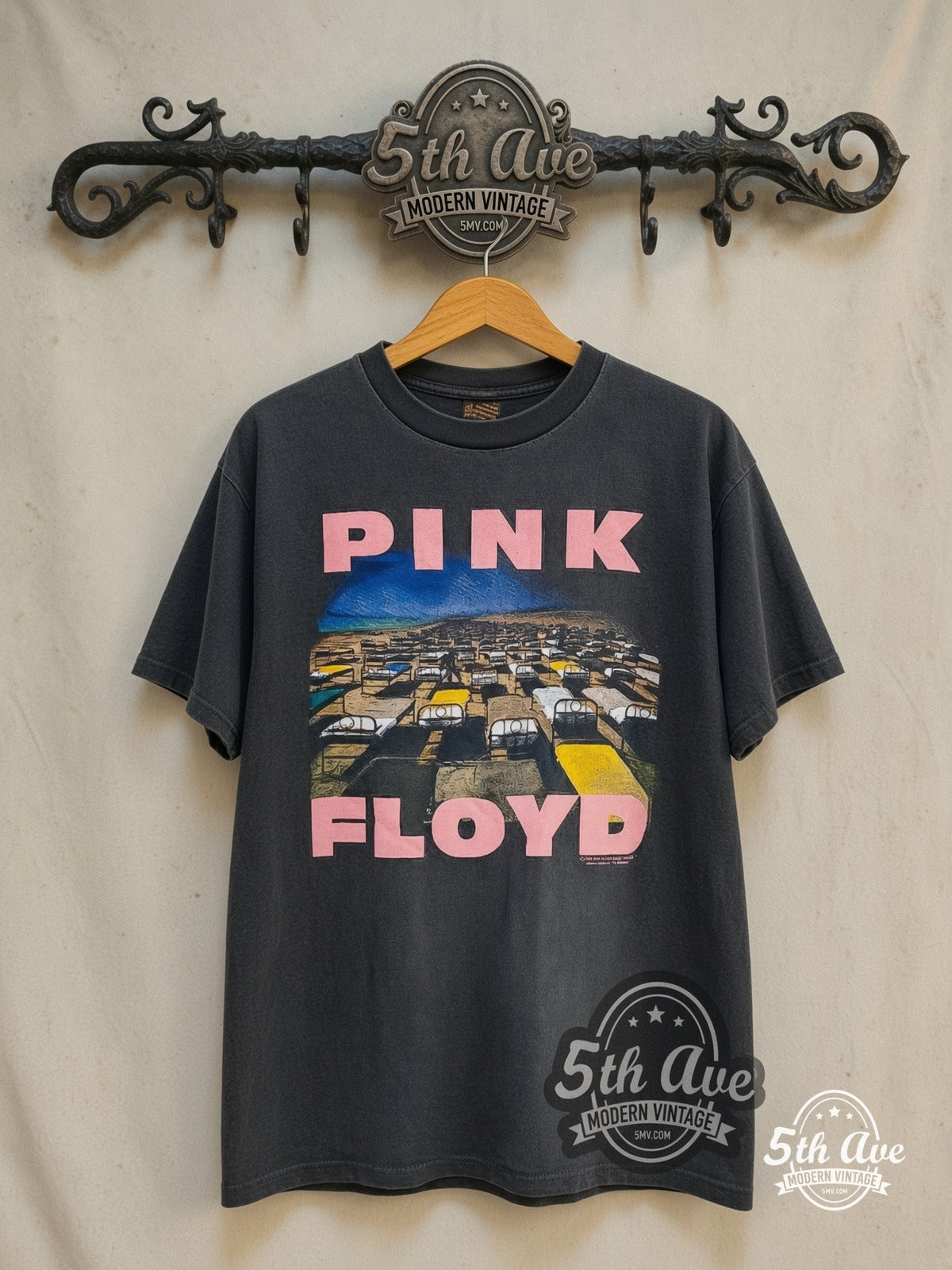 Pink Floyd – A Momentary Lapse of Reason – Vintage Band T-Shirt — front on locked cream ornate 5th Ave rack