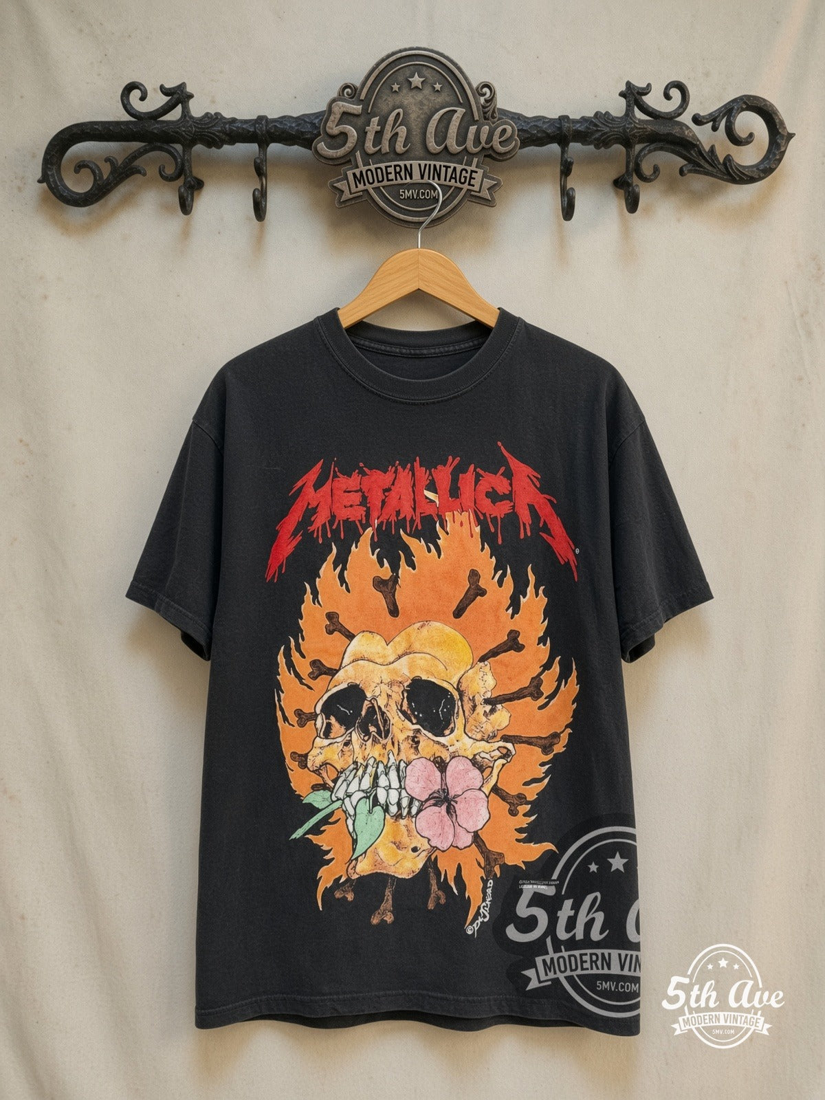 Metallica – Pushead Artwork – Vintage Band T-Shirt — front on locked cream ornate 5th Ave rack