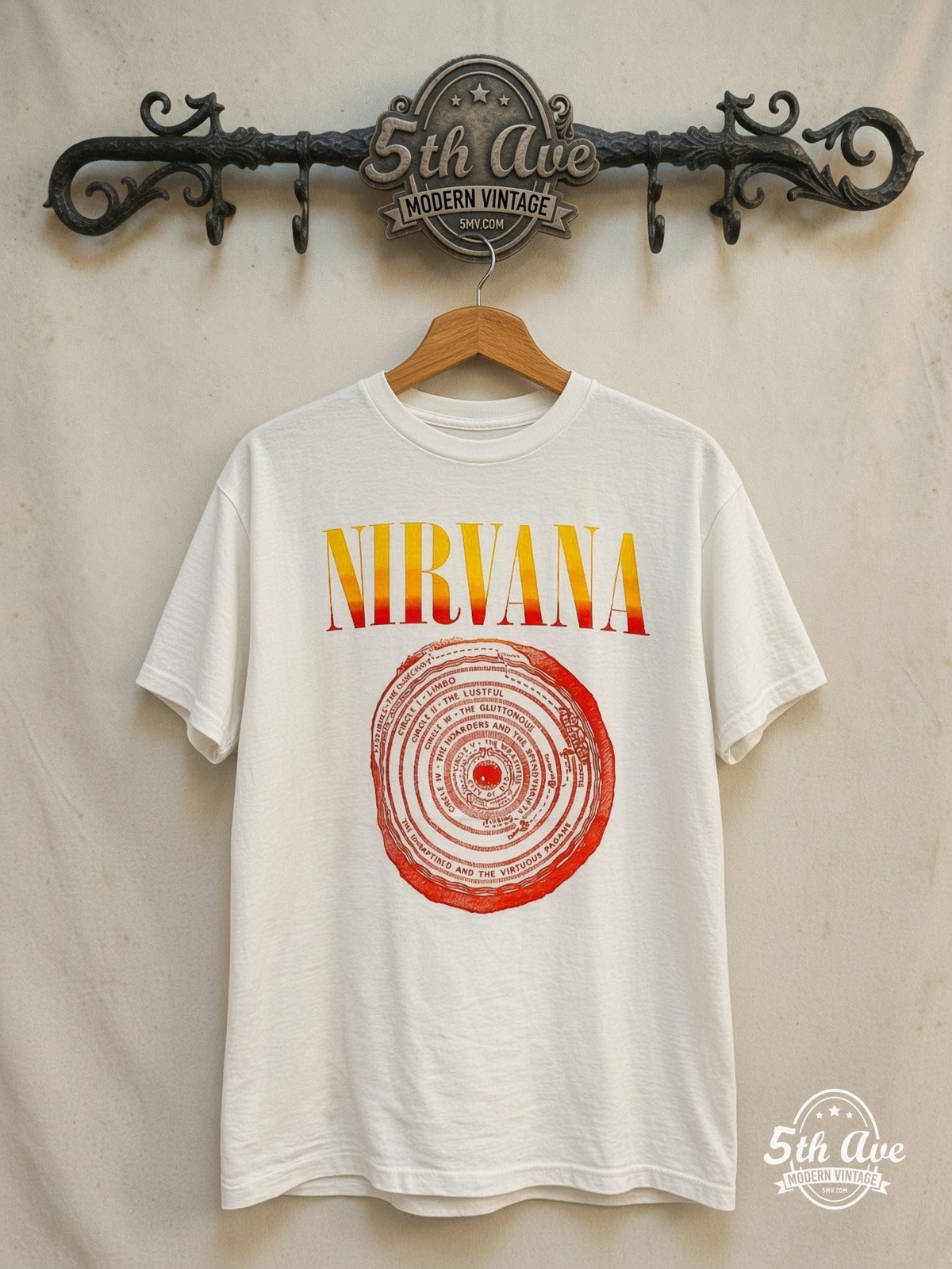Nirvana – Circles of Hell Yellow Logo White Tee – Vintage Band T-Shirt — front on locked cream ornate 5th Ave rack