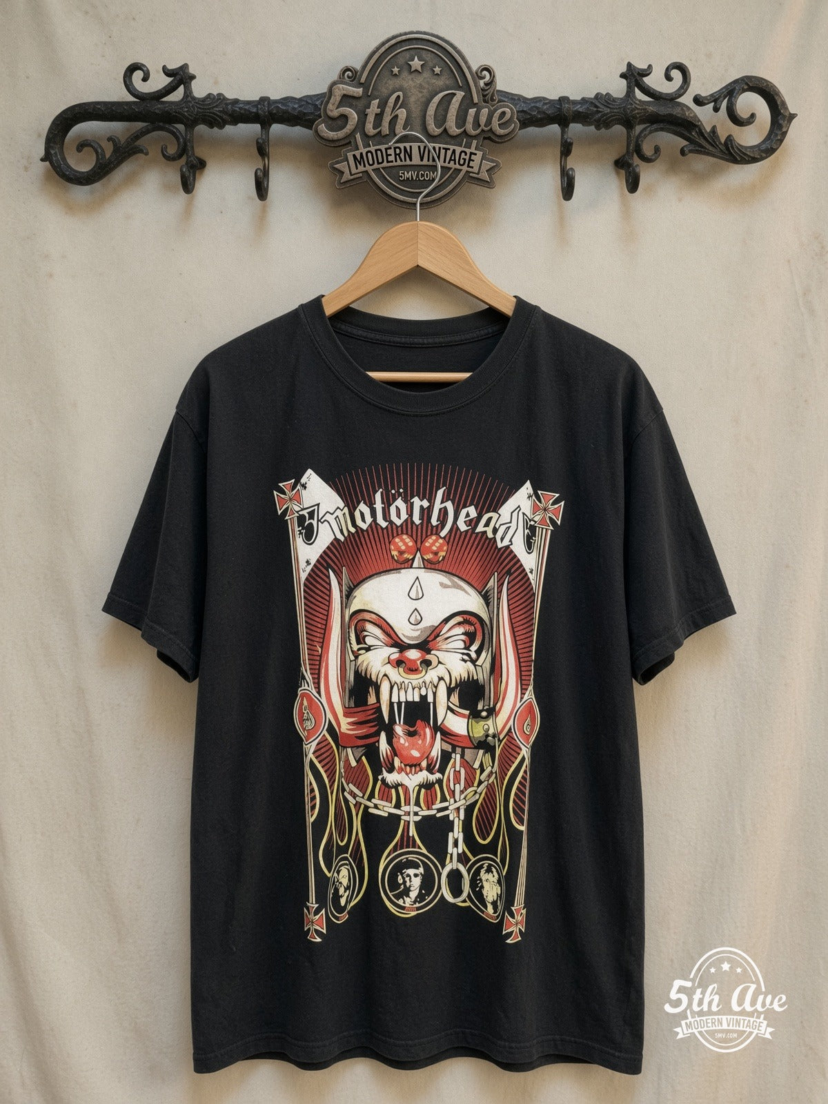 Motörhead – Snaggletooth Red Dice Ace of Spades – Vintage Band T-Shirt — front on locked cream ornate 5th Ave rack